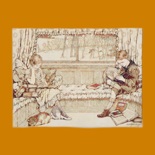 Cartão Postal De Anúncio Ilustração aconchegante de crianças vintage lendo