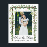 Cartão Postal De Anúncio Imagem Verde Botânica Elegante Salvar A Data<br><div class="desc">Moderno Elegante,  Botânico,  Folhas Verde De Eucalipto,  Moldura De Madeira,  Salve O Cartão-Postal De Foto Do Noivado De Data</div>