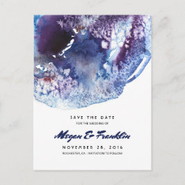 Cartão Postal De Anúncio Indigo Blue Watercolor Crystals Salvar a Data