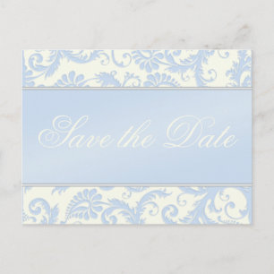 Cartão Postal De Anúncio Ivory e Blue Damask Salvar Cartão-Postal de Data