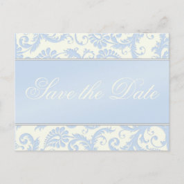 Cartão Postal De Anúncio Ivory e Blue Damask Salvar Cartão-Postal de Data