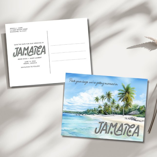 Cartão Postal De Anúncio Jamaica Beach Wedding Salve a data (Jamaica Beach Wedding Save the Date)