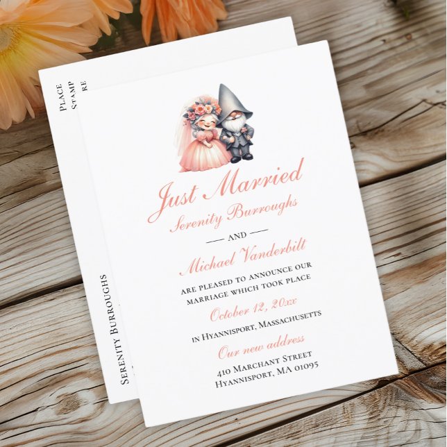 Cartão Postal De Anúncio Jardim de Gnome Caprichoso Laranja Casamento Recém (Criador carregado)
