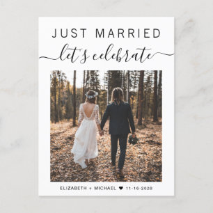 Cartão Postal De Anúncio Just Married Now Let's Celebrate Photo Wedding