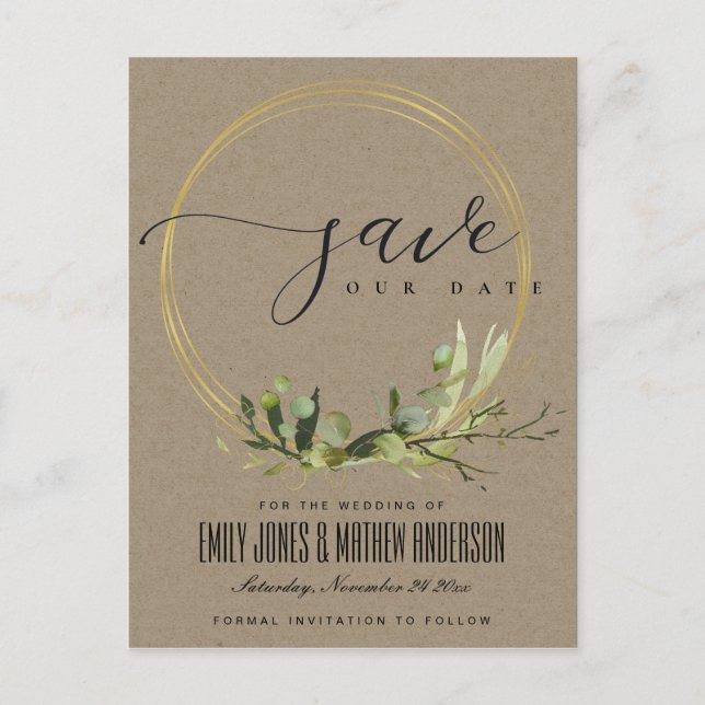 CARTÃO POSTAL DE ANÚNCIO KRAFT FOLHAGEM VERDE ÁGUA TINTA AVISE A DATA (Frente)