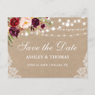 Cartão Postal De Anúncio Kraft Luzes Rústicas Renda Floral Save the Date
