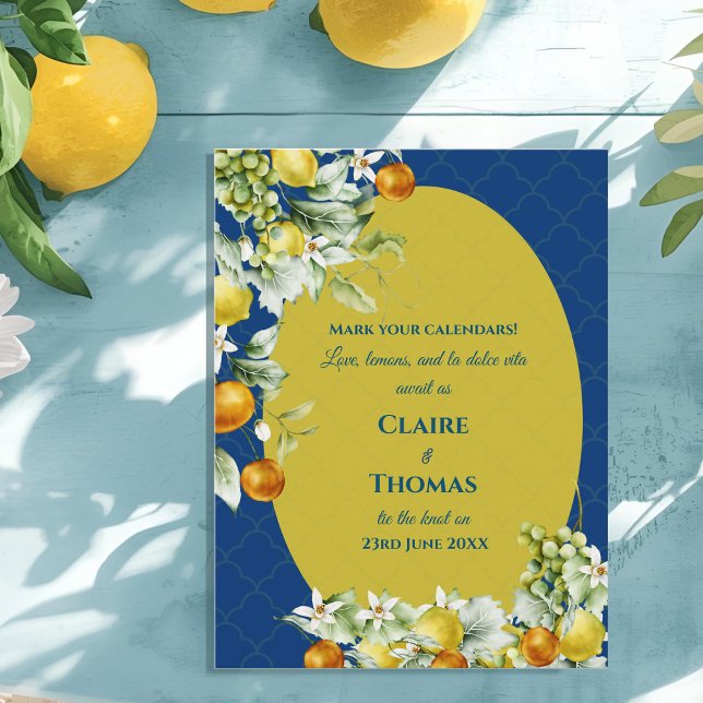 Cartão Postal De Anúncio La Dolce Vita Blue Lemon Mediterranean Wedding (La Dolce Vita Blue Lemon Mediterranean Wedding Announcement Postcard)