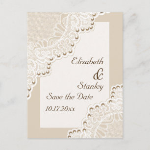 Cartão Postal De Anúncio Lace branco com pérolas casamento Salve a data