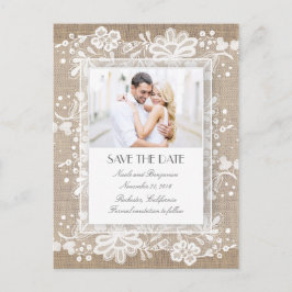 Cartão Postal De Anúncio Lace e Burlap Vintage Photo Save the Date (Imagem 