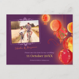 Cartão Postal De Anúncio Lâmpadas Vermelhas Casamento Roxo Foto Salvar a Da