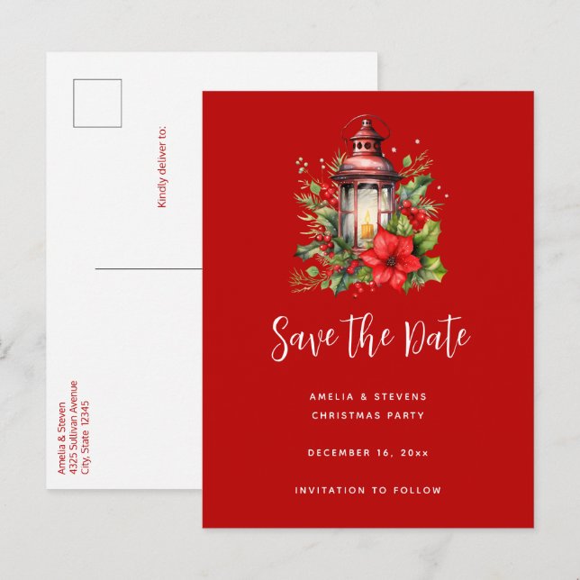 Cartão Postal De Anúncio Lanterna de Natal Vermelho Poinsettia e Pinheiro (Frente/Verso)