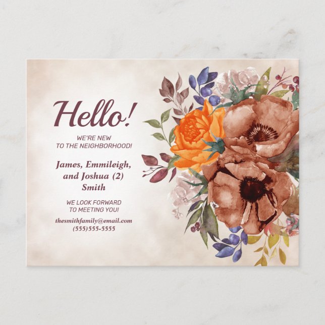 Cartão Postal De Anúncio Laranja Azul Pó Aquarela Floral Novo Vizinho (Frente)