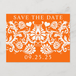 Cartão Postal De Anúncio Laranja Victorian Floral Damask Salvar a Data