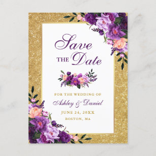 Cartão Postal De Anúncio Largura Dourada Floral Violeta Roxa Salve a Data
