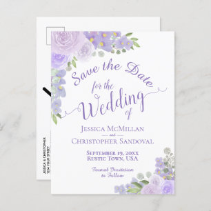 Cartão Postal De Anúncio Lavanda Floral Caligrafia Casamento Salve a Data