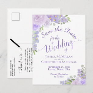 Cartão Postal De Anúncio Lavanda Floral Caligrafia Casamento Salve a Data