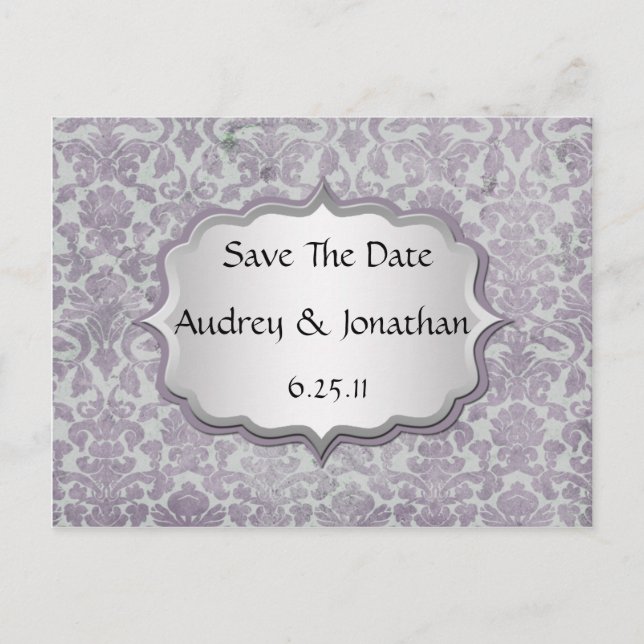 Cartão Postal De Anúncio Lavanda Silver Grunge Damask Salvar Data (Frente)