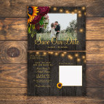 Cartão Postal De Anúncio Lenha rosa de girassol madeira salva a data do cas<br><div class="desc">Girassóis de ouro amarelo, rosas burgueses e cordas de luzes cintilantes em uma foto escura e elegante de madeira de celeiro salvam o cartão postal do casamento. Fácil de personalizar com seus nomes e texto em ambos os lados! Adequado para o verão floral ou outono para o quintal de jardim...</div>
