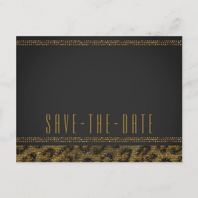 Cartão Postal De Anúncio Leopard Brilho Lantejoulas Glam Chic Salvar a Data (Frente)