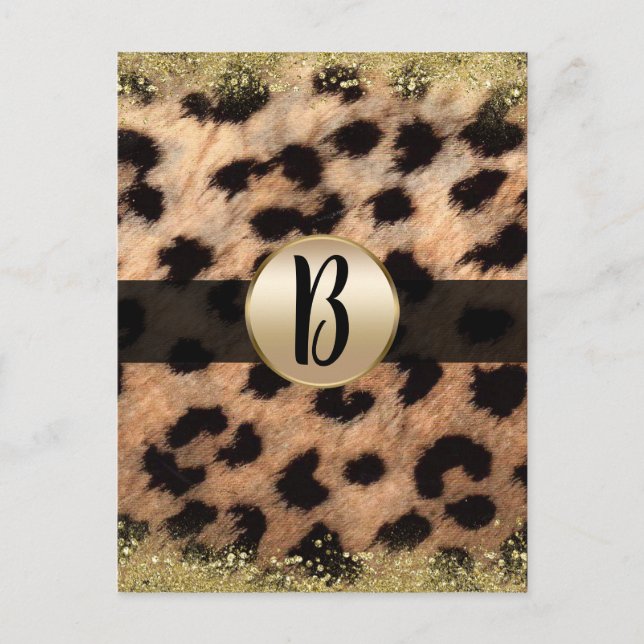 Cartão Postal De Anúncio Leopard Guepardo Dourado Brilho Monograma Flyer Ma (Frente)