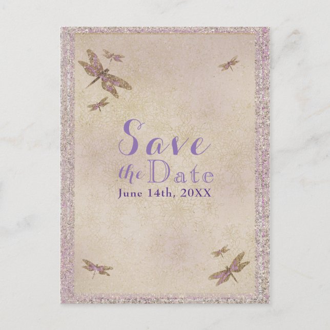 Cartão Postal De Anúncio Libélulas Roxo e Dourado Dragonfly Save the Date (Frente)