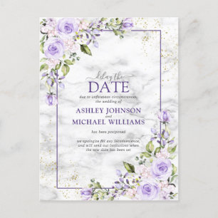 Cartão Postal De Anúncio Lilac Lavender Dourado Mármore Floral Adiar a Data