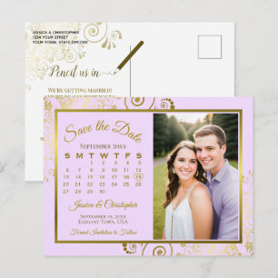 Cartão Postal De Anúncio Lilac Púrpura Dourada Calendário de Salvar Data de