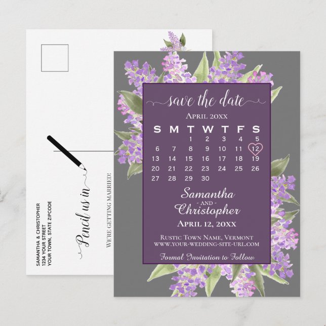 Cartão Postal De Anúncio Lilases Rústicos Casamento Salvar Data Calendário  (Frente/Verso)