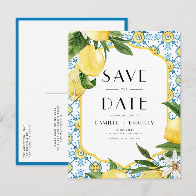 Cartão Postal De Anúncio Limão e Azulejo marroquino Código QR Salvar Data (Frente/Verso)