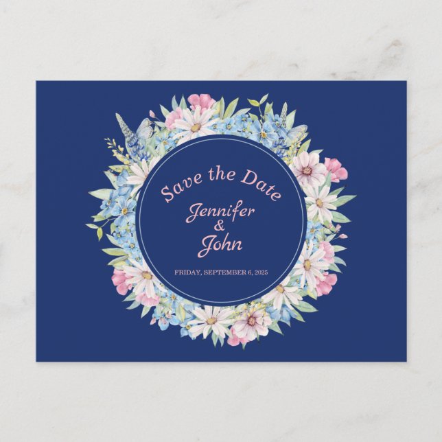 Cartão Postal De Anúncio Lindo Aro Floral Azul de Casamento Save the Date (Frente)