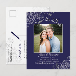 Cartão Postal De Anúncio Lindo Casamento Prata Azul-Marinho Foto Save the D