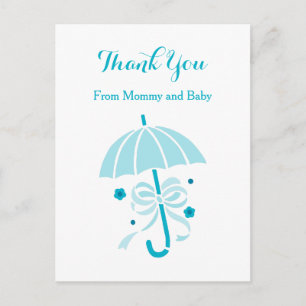 Cartão Postal De Anúncio Lindo Guarda-Chuva e Laço de Criança Aqua Obrigado