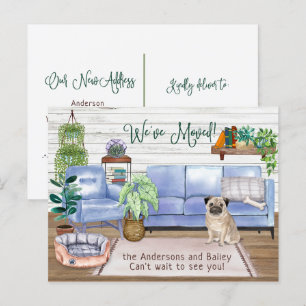 Cartão Postal De Anúncio Lindo Pug Aconchegante Mudando de Casa