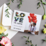 Cartão Postal De Anúncio Love Is Love Floral Photo Wedding<br><div class="desc">Diga a sua família e amigos que você se casou com este cartão postal de anúncio floral de casamento lgbt para um casamento lésbico ou gay com o Love é amor escrito em uma fonte ousada decorada com flores nas cores do arco-íris. Adicione seus nomes em um script bonito e...</div>