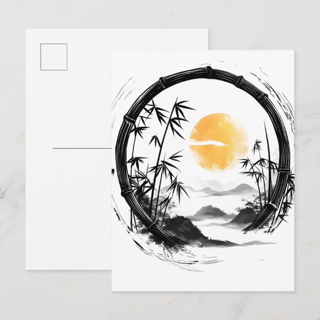 Cartão Postal De Anúncio Lua Abstrata Zen Fluxo de Bambu (Frente/Verso)
