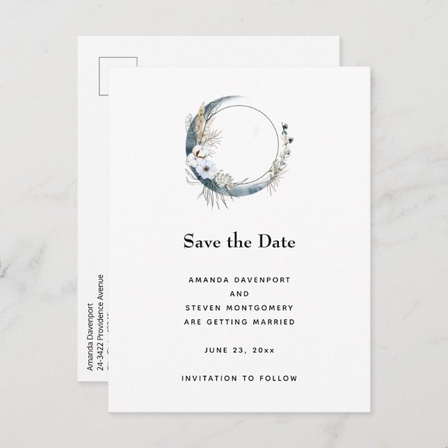 Cartão Postal De Anúncio Lua Crescente Azul com Flores Brancas (Frente/Verso)