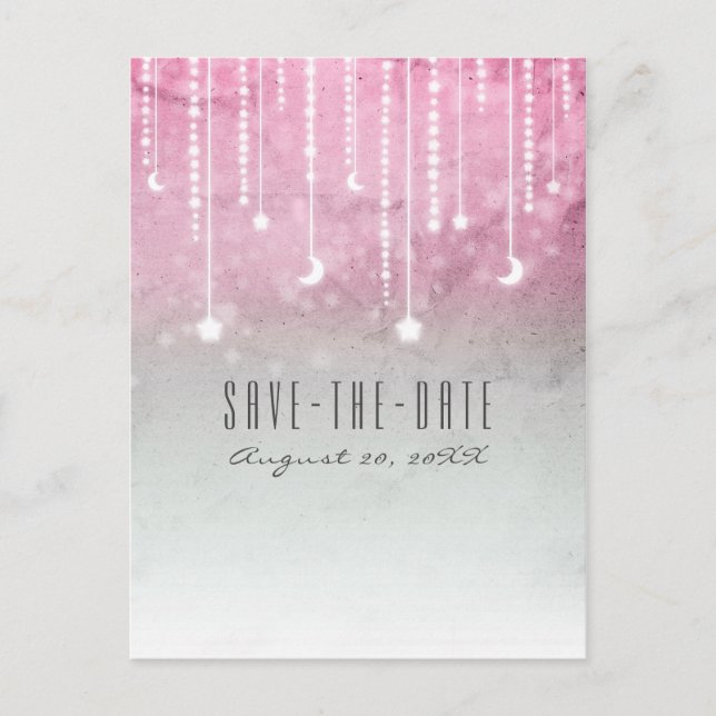 Cartão Postal De Anúncio Lua Estrelas Celestiais Cinza Rosa Branco Salvar a (Frente)