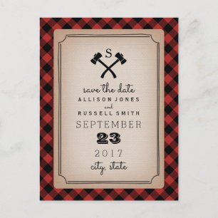 Cartão Postal De Anúncio Lumberjack Xadrez Monograma Ax Salvar Data