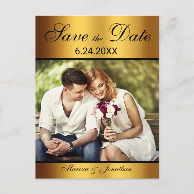 Cartão Postal De Anúncio Luxo Preto Dourado Foto Casamento Salve a Data (Frente)