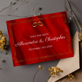 Cartão Postal De Anúncio Luxuoso Seda Vermelha e Dourado para Salvar a Data