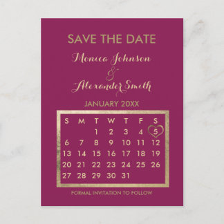 Cartão Postal De Anúncio Luxury Burgundy Gold Calendar Save the Date