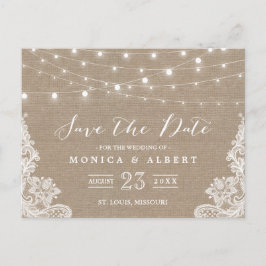 Cartão Postal De Anúncio Luz de Corda Russa Burlap Lace | Salvar a data