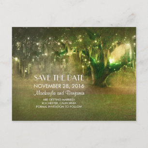 Cartão Postal De Anúncio luzes de corda carvalho rústico salvar a data