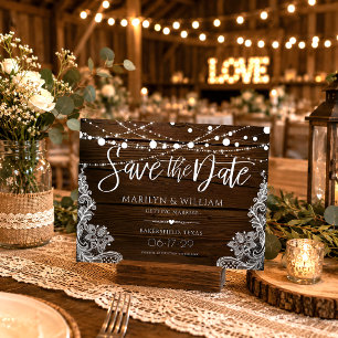 Cartão Postal De Anúncio Luzes de Corda Casamento Rústico em Madeira Salvar