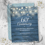 Cartão Postal De Anúncio Luzes de corda de madeira de 60 anos Salvem a data<br><div class="desc">Apresentando luzes bonito de cordas e corações delicados confetti em um fundo azul rústico de madeira. Personalize com seu aniversário especial de 60 anos de diamante,  salve as informações de data em letra chic. Projetado por Thisnotme©</div>