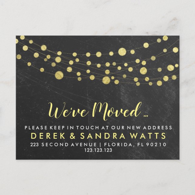 Cartão Postal De Anúncio Luzes douradas Mudamos o novo endereço (Frente)