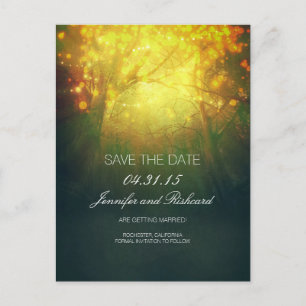 Cartão Postal De Anúncio Luzes Rústicas De Árvore De Woodland Salvem A Data
