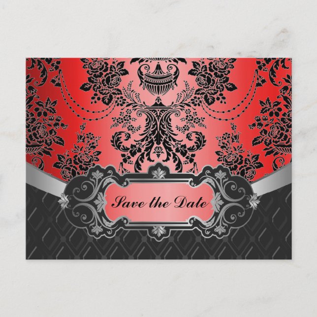 Cartão Postal De Anúncio Maçã Vermelha e Preta Damask Casamento Save the Da (Frente)