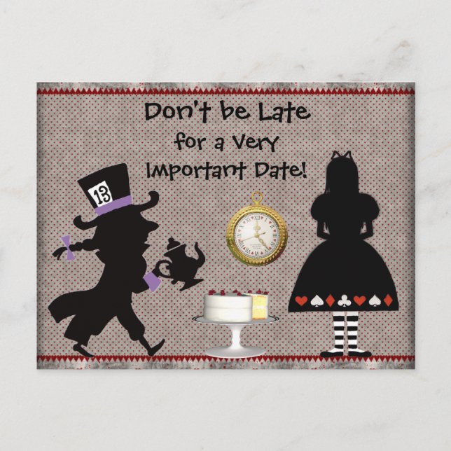 Cartão Postal De Anúncio Mad Hatter Tea Party Save the Date Chá de fraldas (Frente)