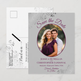 Cartão Postal De Anúncio Magenta e Cinza Casamento com Foto para Save the D